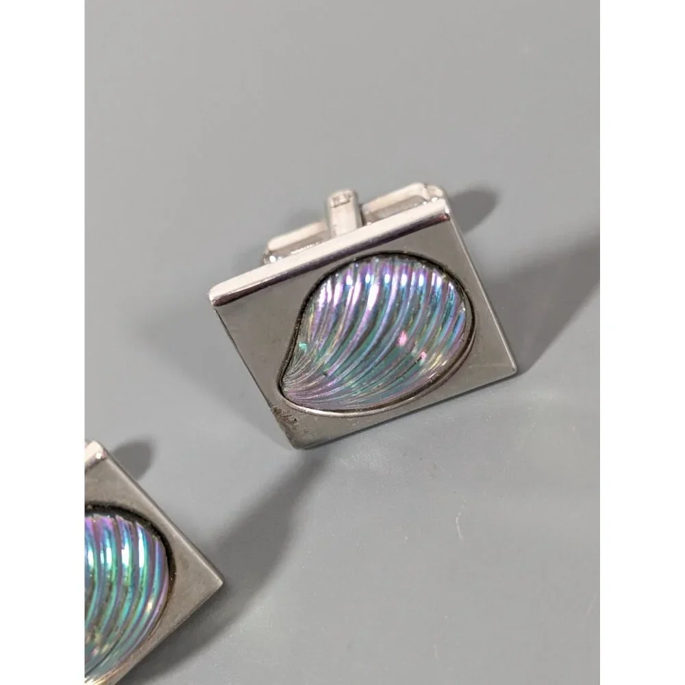 Vintage Hickok USA Iridescent Lucite Shell Square Cufflinks‎ SIlver Tone